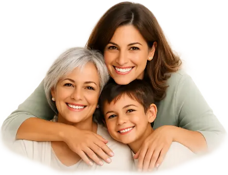 Três gerações de uma família sorridente e abraçada